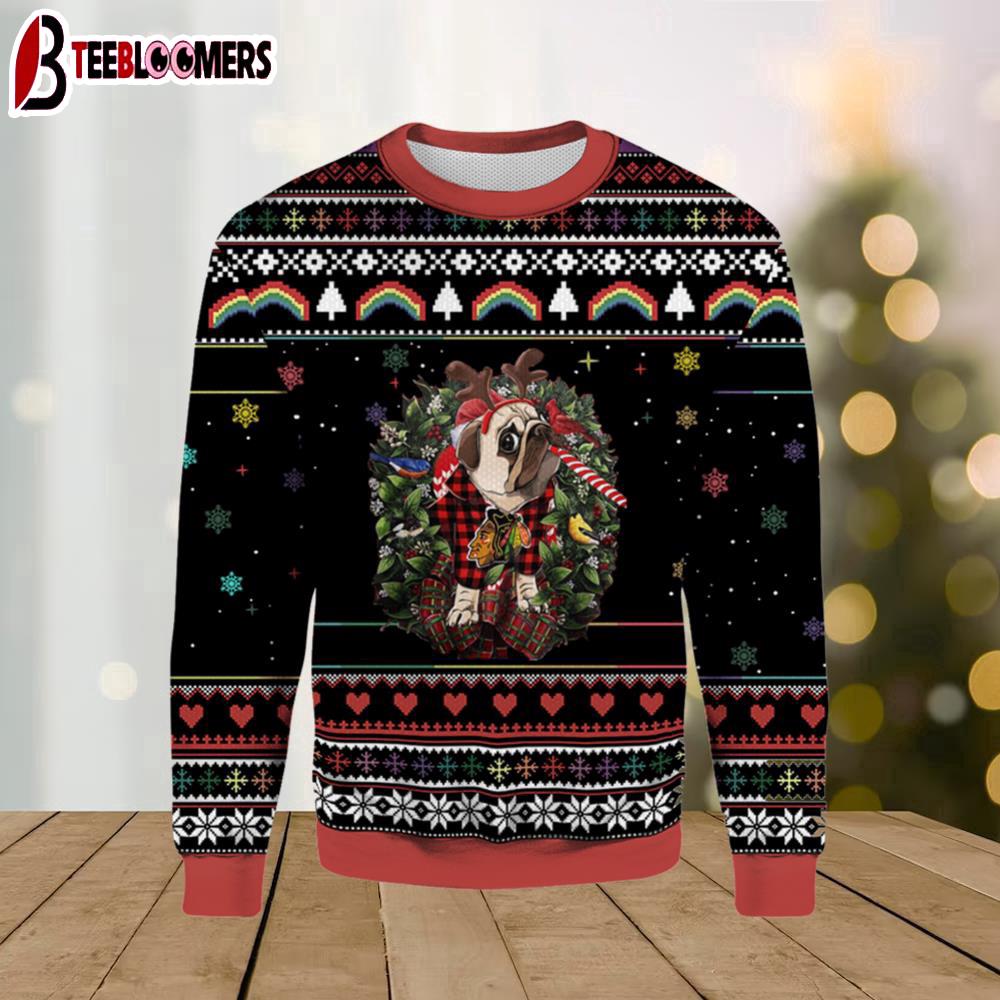 Chicago Blackhawks Pug Funny Christmas Ugly Sweater