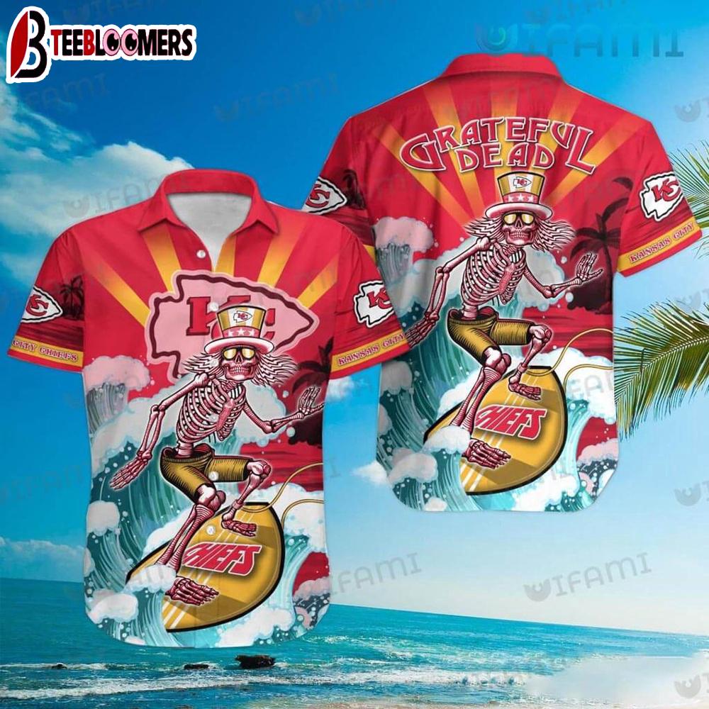 Chiefs Hawaiian Shirt Grateful Dead Skeleton Surfing Kansas City Gift