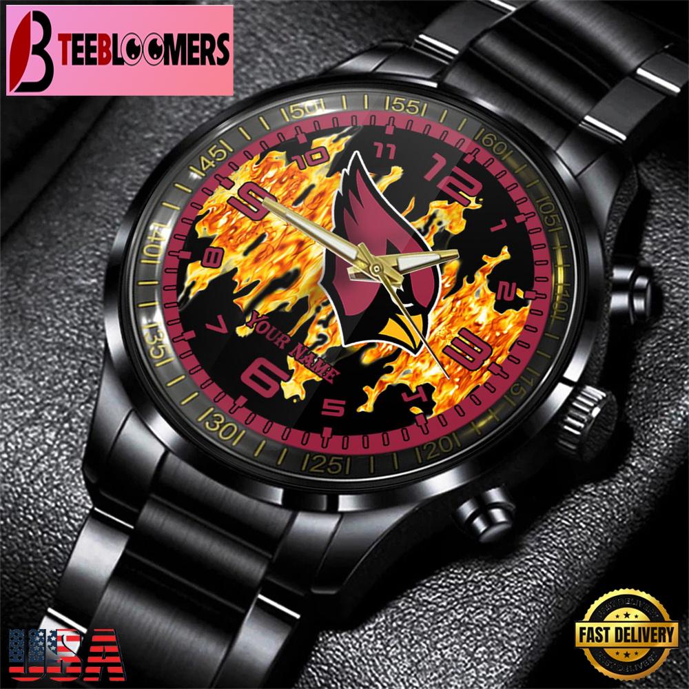 Custom Name Arizona Cardinals NFL 3D Men Black Stainless Steel Watch Gift For Fans