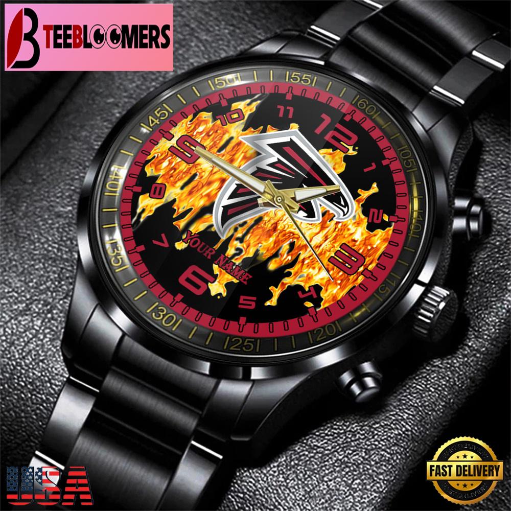 Custom Name Atlanta Falcons NFL 3D Men Black Stainless Steel Watch Gift For Fans