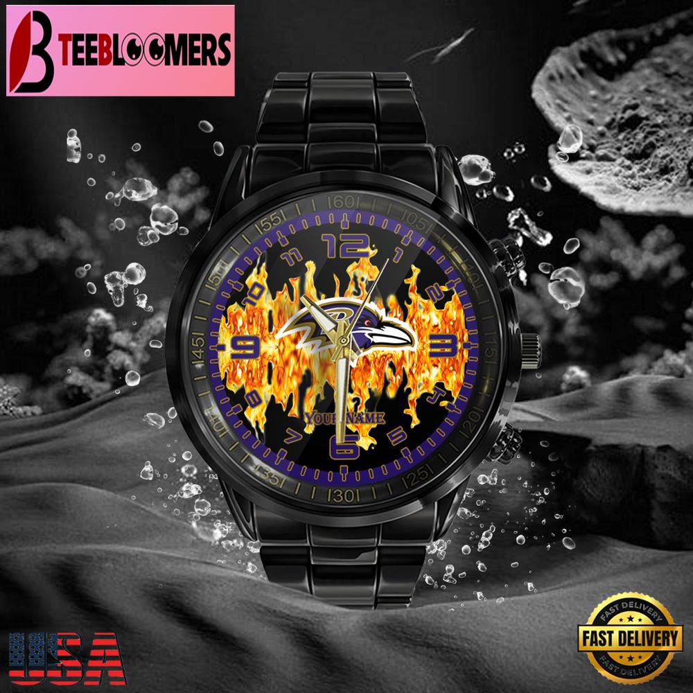 Custom Name Baltimore Ravens NFL 3D Men Black Stainless Steel Watch Gift For NFL Fans Custom Name Baltimore Ravens NFL 3D Men Black Stainless Steel Watch Gift For NFL Fans