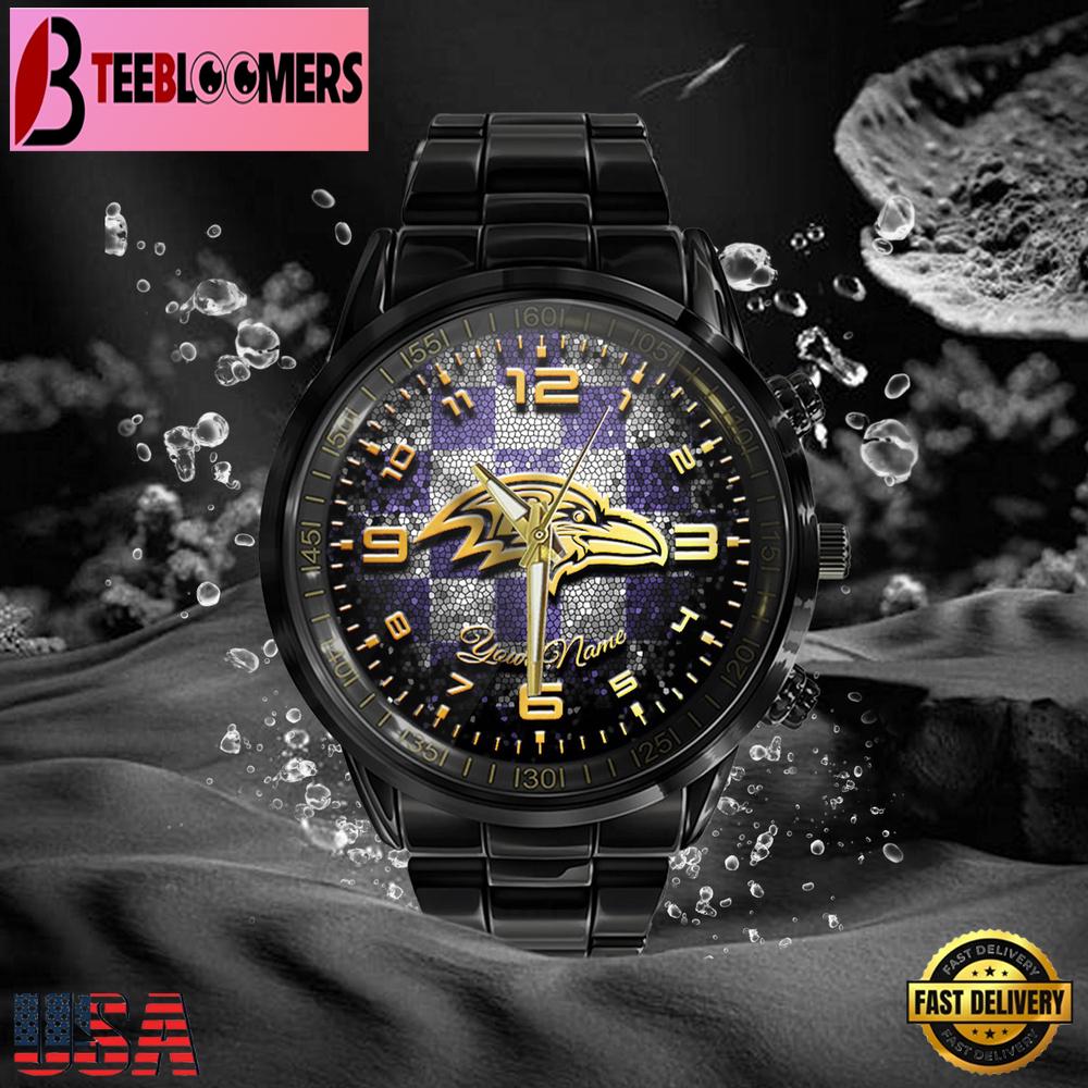 Custom Name Baltimore Ravens NFL 3D Men Black Stainless Steel Watch Gift For NFL Fans Custom Name Baltimore Ravens NFL 3D Men Black Stainless Steel Watch Gift For NFL Fans