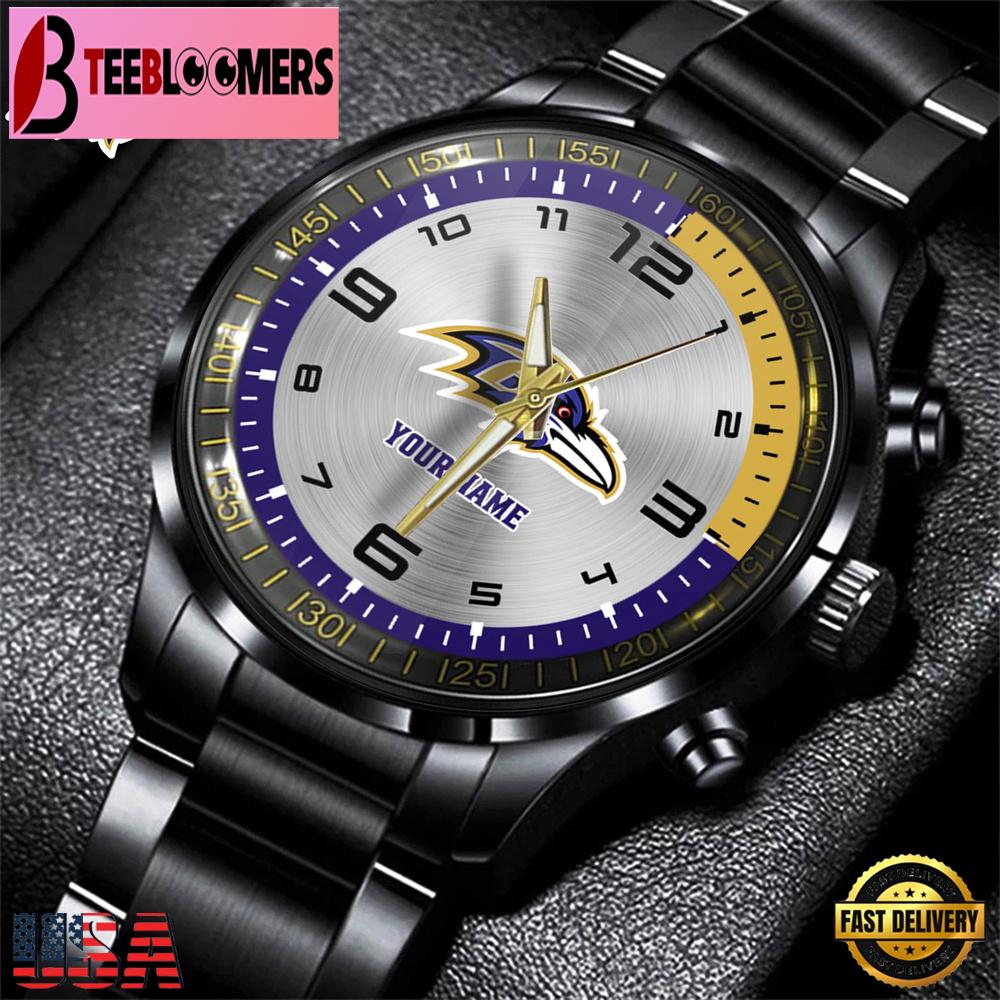 Custom Name Baltimore Ravens NFL Black Stainless Steel Watch Gift For Fans And Dad