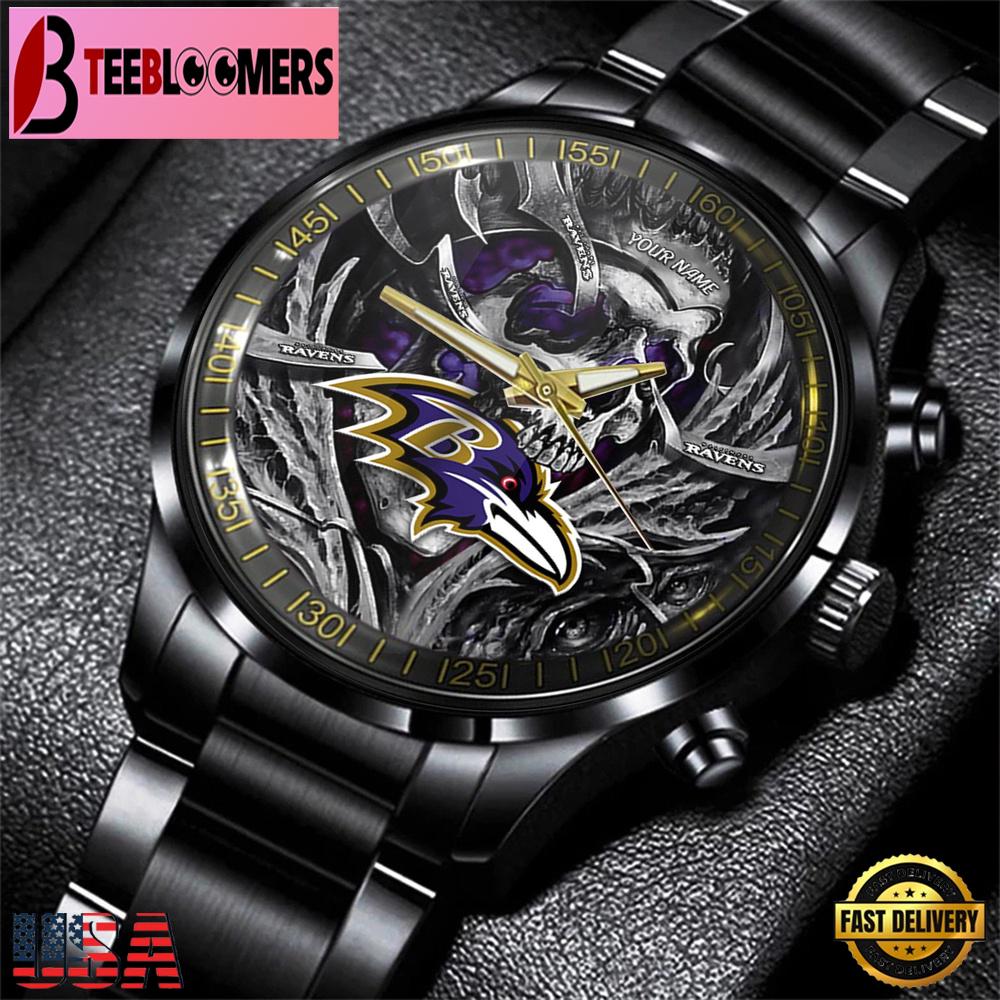 Custom Name Baltimore Ravens NFL Men Black Stainless Steel Watch Gift For Fans