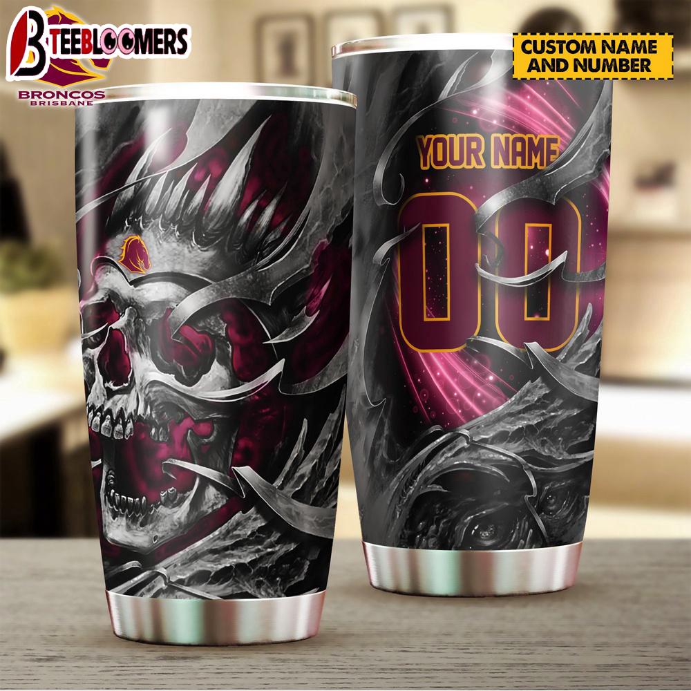 Custom Name Brisbane Broncos NRL And Skull Tumbler Gift For Fans