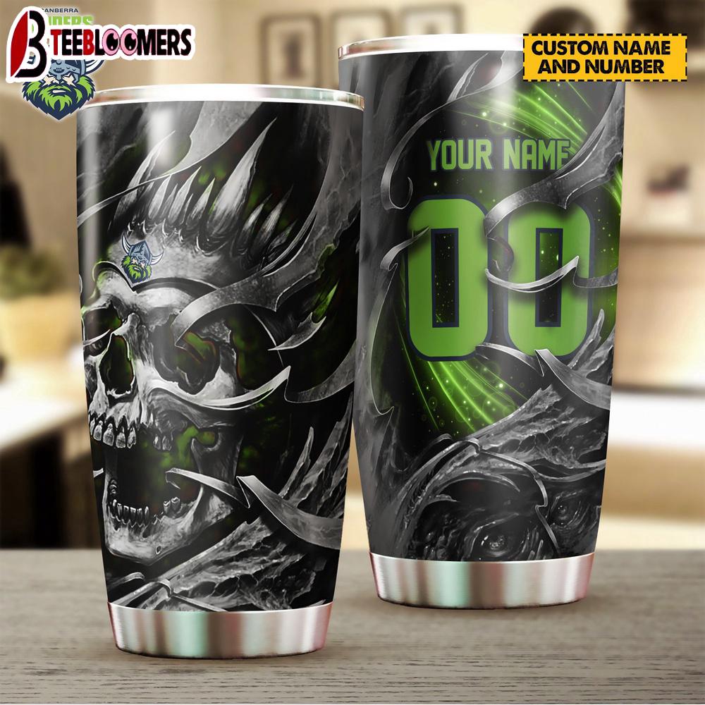 Custom Name Canberra Raiders NRL And Skull Tumbler Gift For Fans