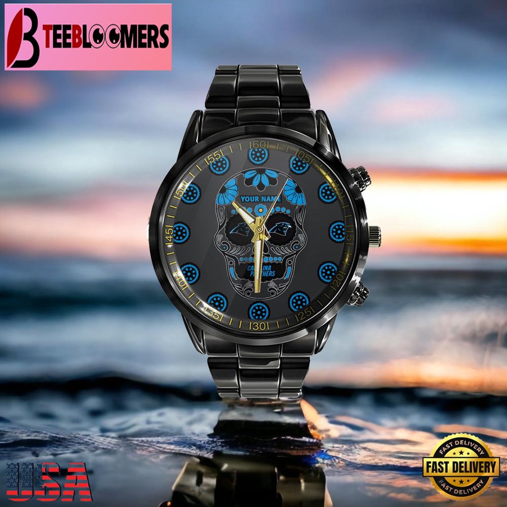 Custom Name Carolina Panthers NFL Men Black Stainless Steel Watch Gift For NFL Fans Custom Name Carolina Panthers NFL Men Black Stainless Steel Watch Gift For NFL Fans