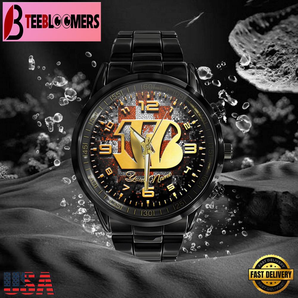 Custom Name Cincinnati Bengals NFL 3D Men Black Stainless Steel Watch Gift For NFL Fans Custom Name Cincinnati Bengals NFL 3D Men Black Stainless Steel Watch Gift For NFL Fans