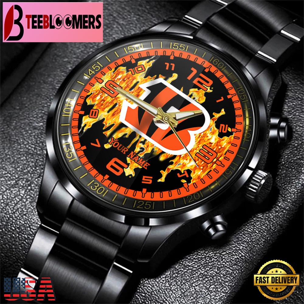 Custom Name Cincinnati Bengals NFL 3D Men Black Stainless Steel Watch Gift For Fans