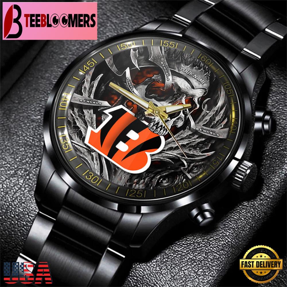 Custom Name Cincinnati Bengals NFL Men Black Stainless Steel Watch Gift For Fans