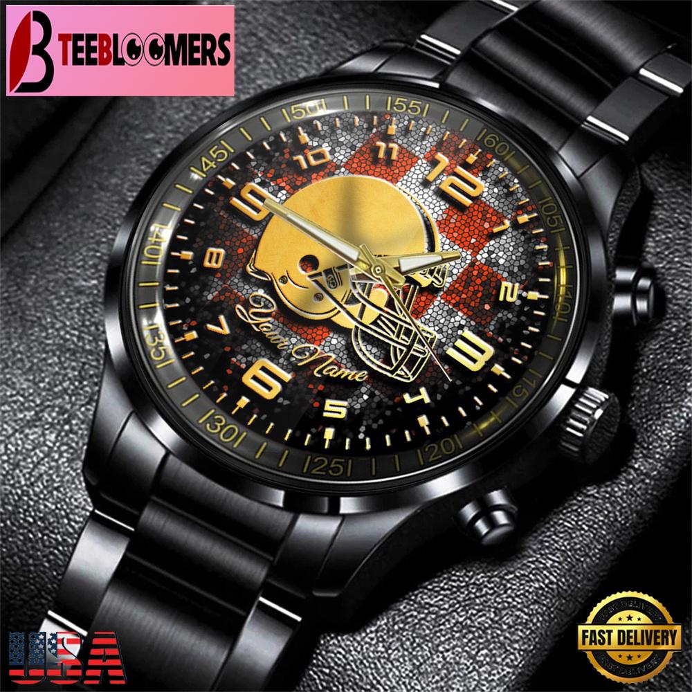 Custom Name Cleveland Browns NFL 3D Men Black Stainless Steel Watch Gift For Fans For Father