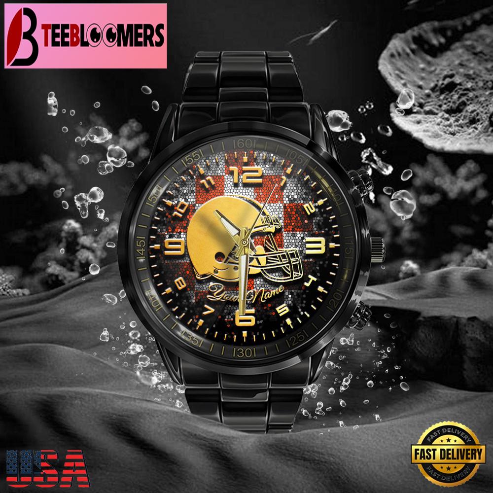 Custom Name Cleveland Browns NFL 3D Men Black Stainless Steel Watch Gift For NFL Fans Custom Name Cleveland Browns NFL 3D Men Black Stainless Steel Watch Gift For NFL Fans