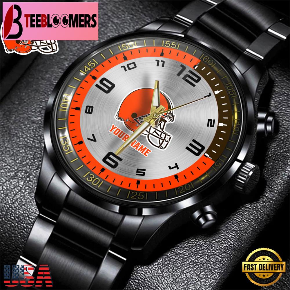 Custom Name Cleveland Browns NFL Black Stainless Steel Watch Gifts For Fans