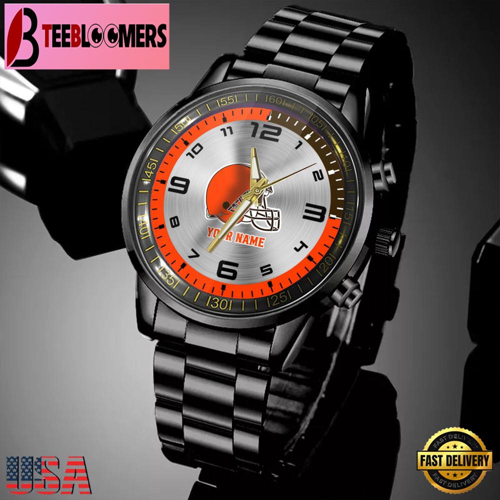 Custom Name Cleveland Browns NFL Black Stainless Steel Watch Gifts For Fans