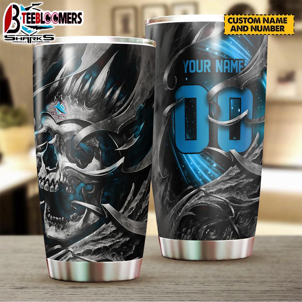 Custom Name Cronulla Sharks NRL And Skull Tumbler Gift For Fans
