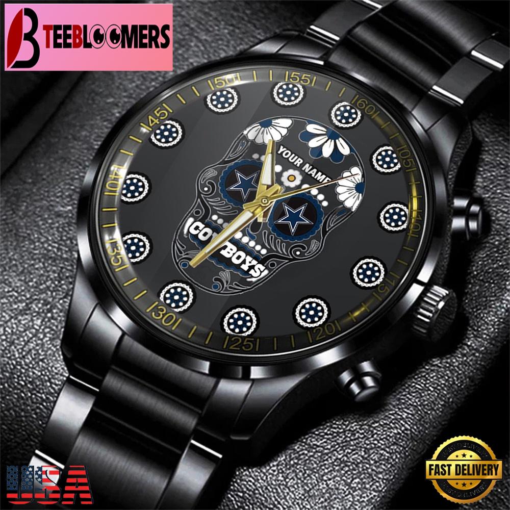Custom Name Dallas Cowboys NFL Men Black Stainless Steel Watch Gift For Fans