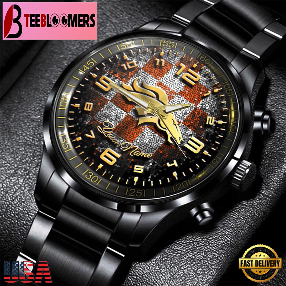Custom Name Denver Broncos NFL 3D Men Black Stainless Steel Watch Gift For Fans