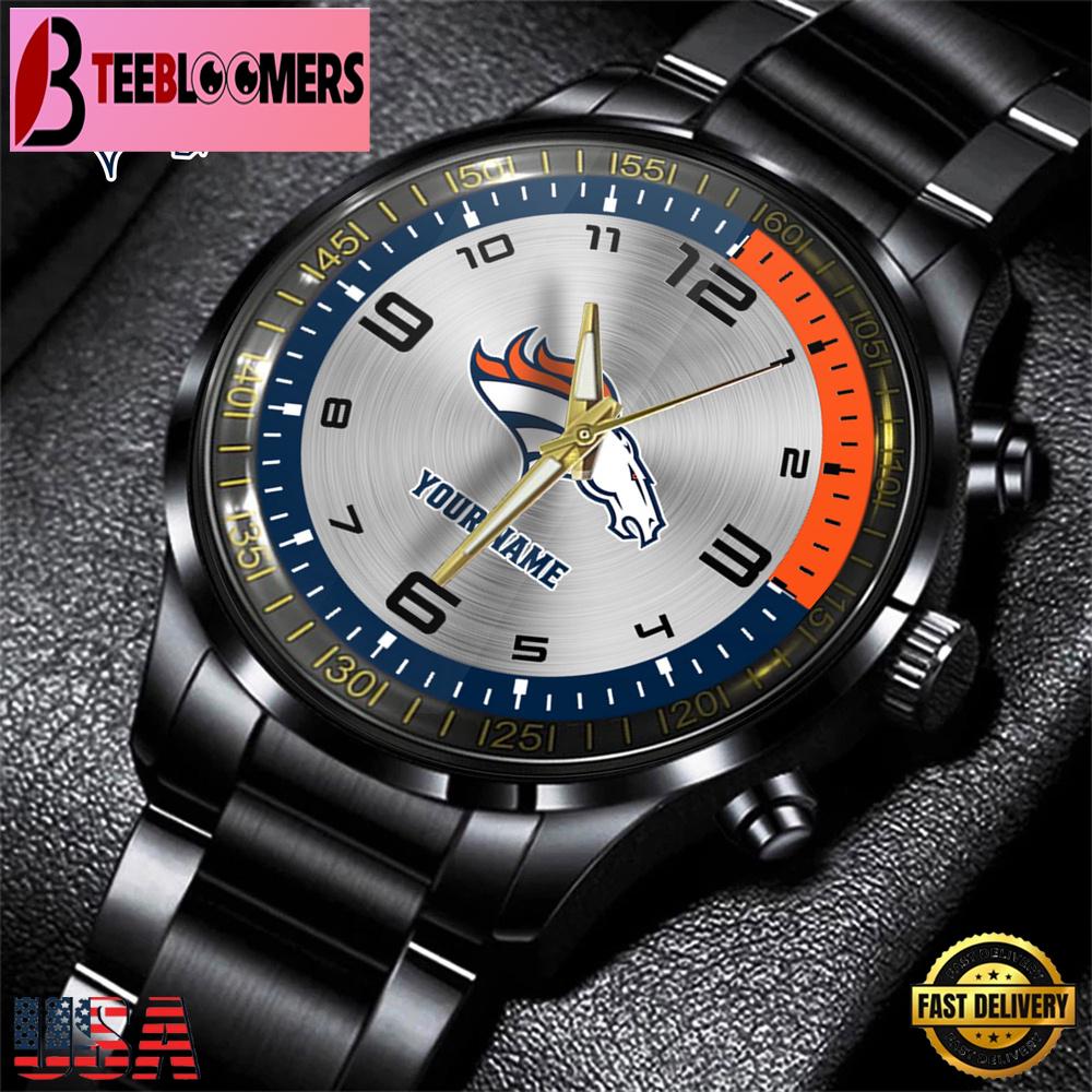 Custom Name Denver Broncos NFL Black Stainless Steel Watch Gifts For Fans