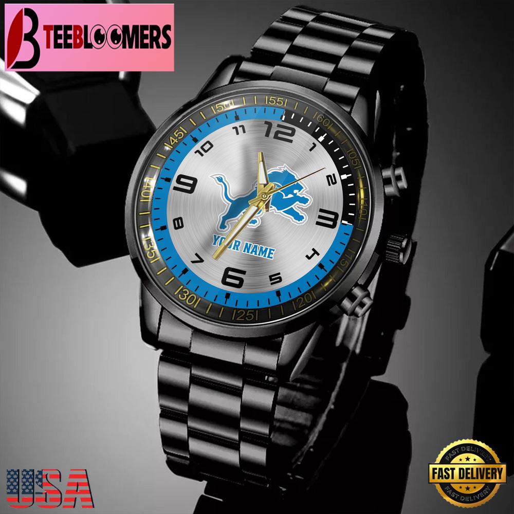 Custom Name Detroit Lions NFL Black Stainless Steel Watch Gifts For Fans