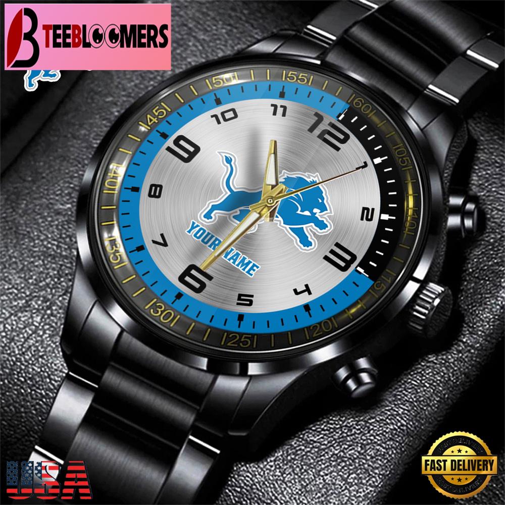 Custom Name Detroit Lions NFL Black Stainless Steel Watch Gifts For Fans