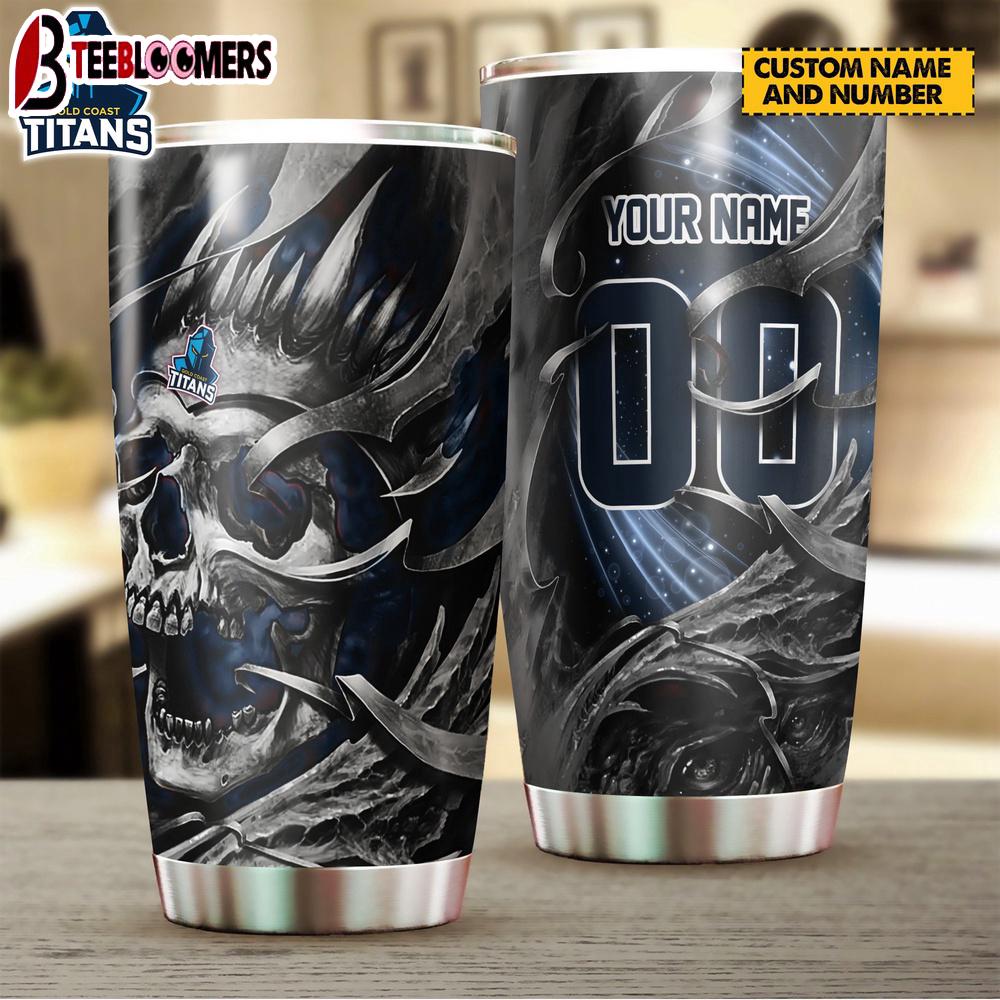 Custom Name Gold Coast Titans NRL And Skull Tumbler Gift For Fans