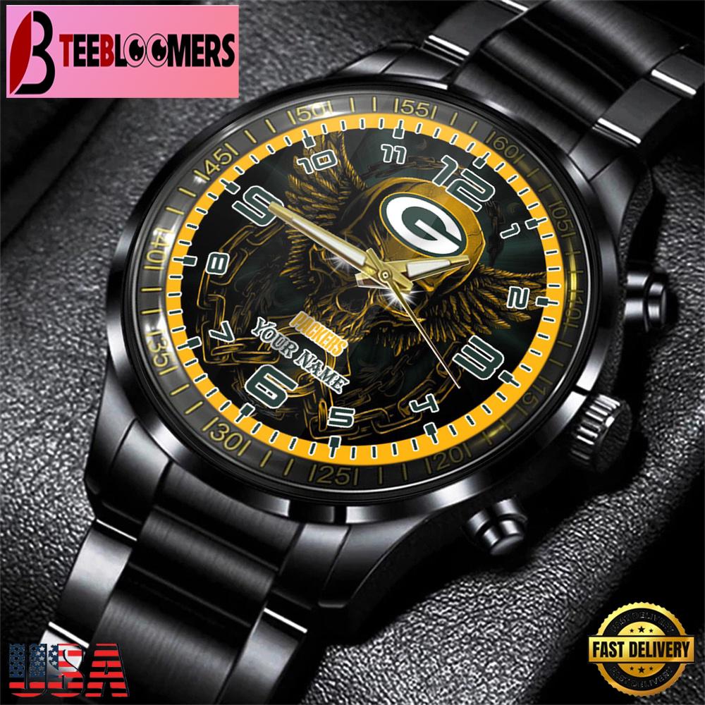 Custom Name Green Bay Packers NFL 3D Men Black Stainless Steel Watch Gift For Fans