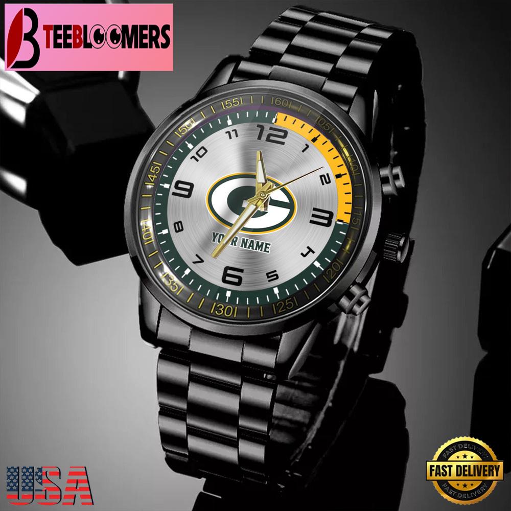 Custom Name Green Bay Packers NFL Black Stainless Steel Watch Gifts For Fans
