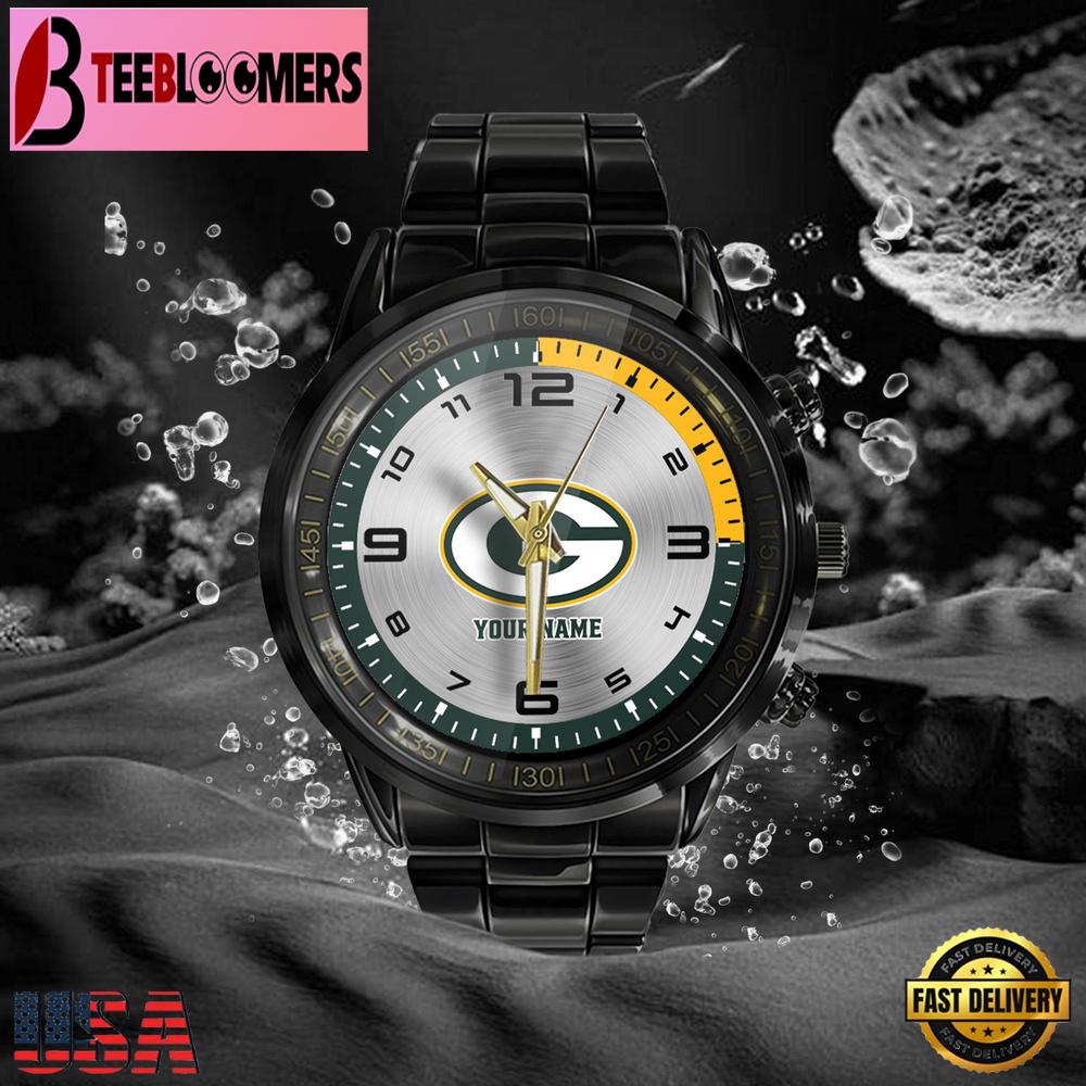 Custom Name Green Bay Packers NFL Black Stainless Steel Watch Gifts For Fans Custom Name Green Bay Packers NFL Black Stainless Steel Watch Gifts For Fans