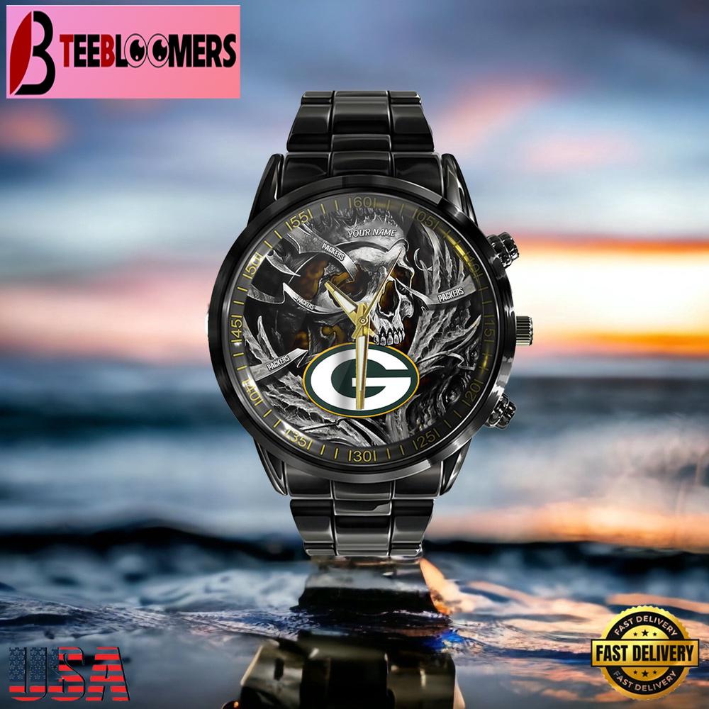 Custom Name Green Bay Packers NFL Men Black Stainless Steel Watch Gift For NFL Fans Custom Name Green Bay Packers NFL Men Black Stainless Steel Watch Gift For NFL Fans