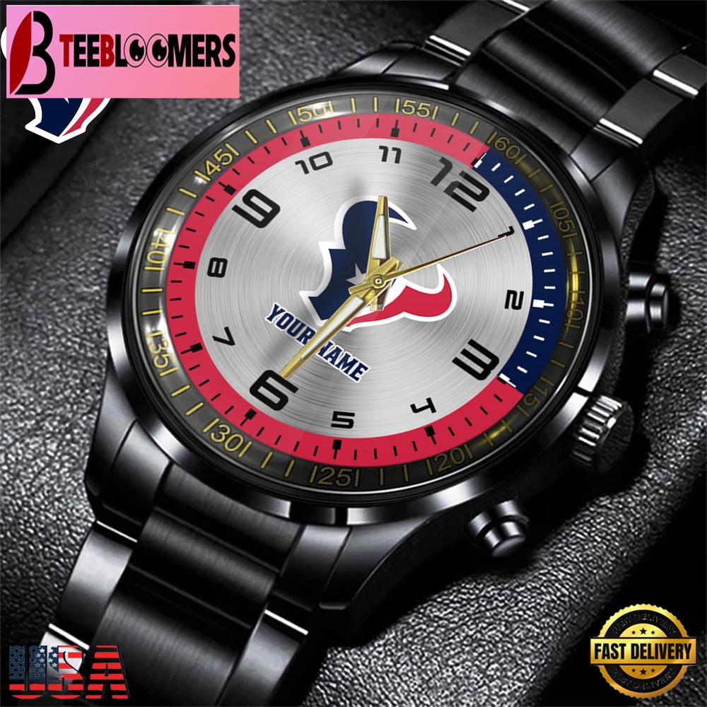 Custom Name Houston Texans NFL Black Stainless Steel Watch Gifts For Fans