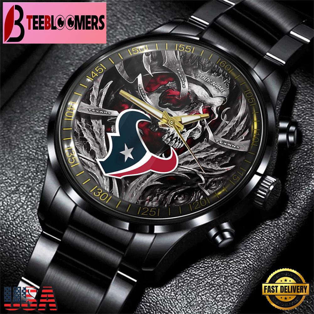 Custom Name Houston Texans NFL Men Black Stainless Steel Watch Gift For Fans