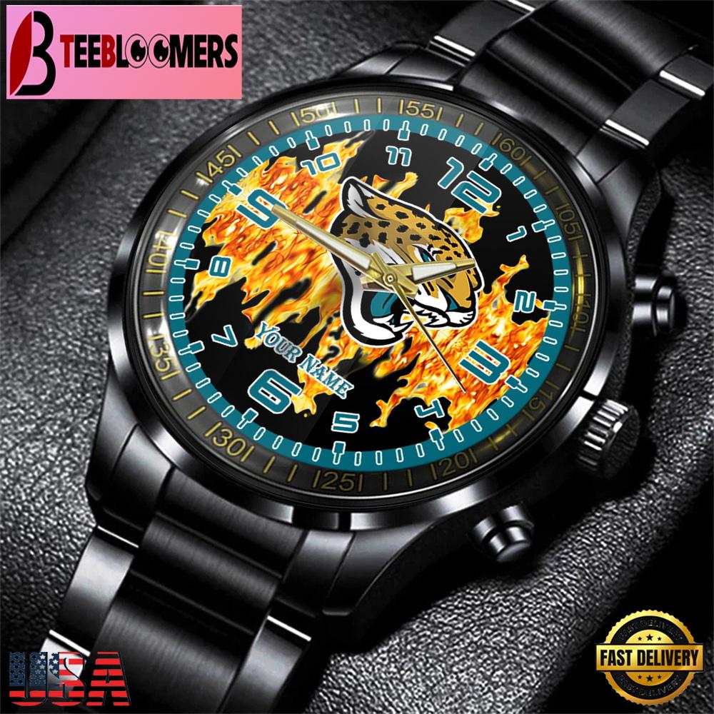 Custom Name Jacksonville Jaguars NFL 3D Men Black Stainless Steel Watch Gift For Fans