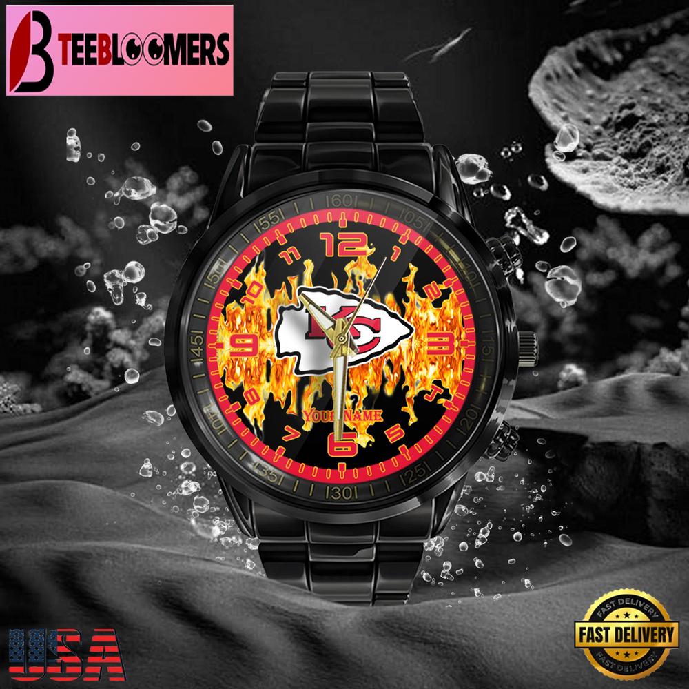 Custom Name Kansas City Chiefs NFL 3D Men Black Stainless Steel Watch Gift For NFL Fans Custom Name Kansas City Chiefs NFL 3D Men Black Stainless Steel Watch Gift For NFL Fans