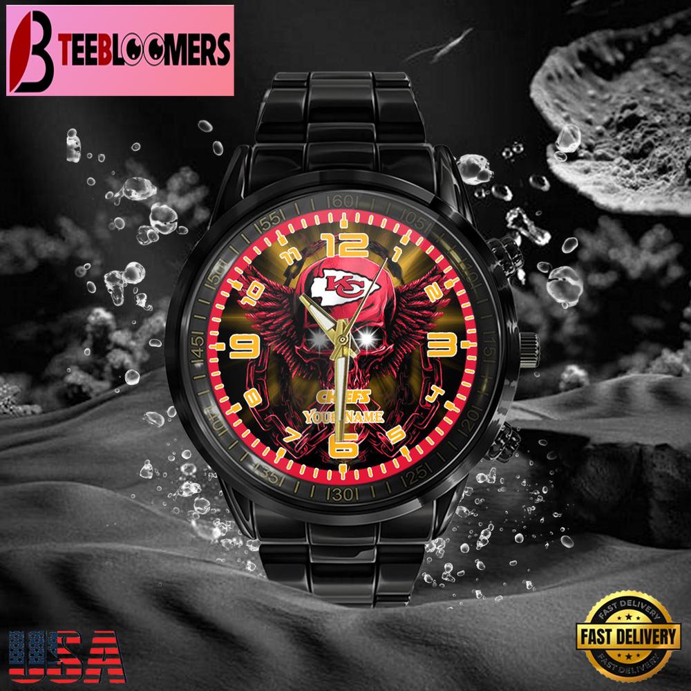 Custom Name Kansas City Chiefs NFL 3D Men Black Stainless Steel Watch Gift For NFL Fans Custom Name Kansas City Chiefs NFL 3D Men Black Stainless Steel Watch Gift For NFL Fans