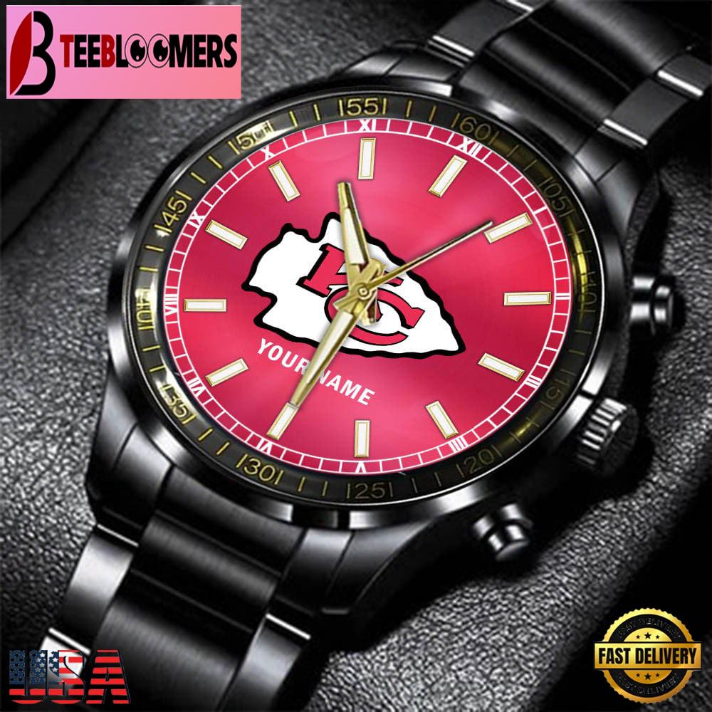 Custom Name Kansas City Chiefs NFL Black Stainless Steel Watch Gifts For Fans