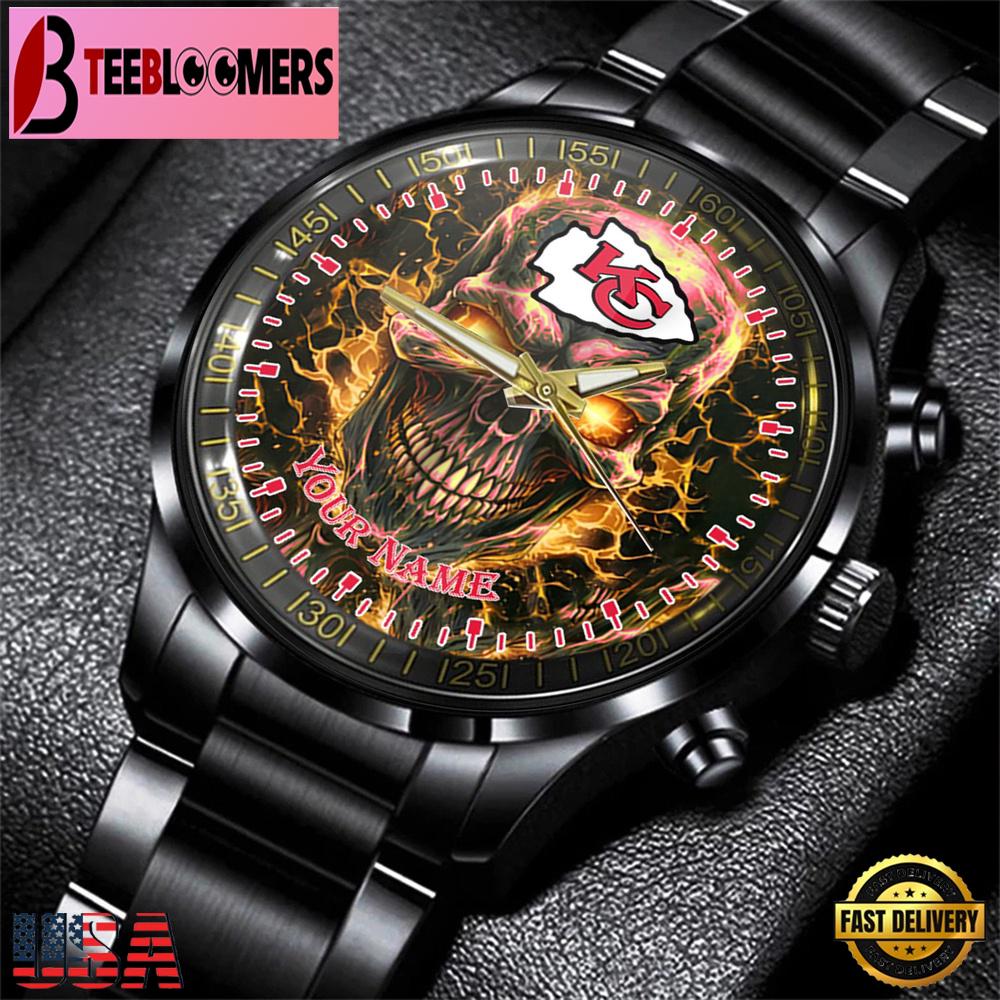 Custom Name Kansas City Chiefs NFL Men Black Stainless Steel Watch Gift For Fans