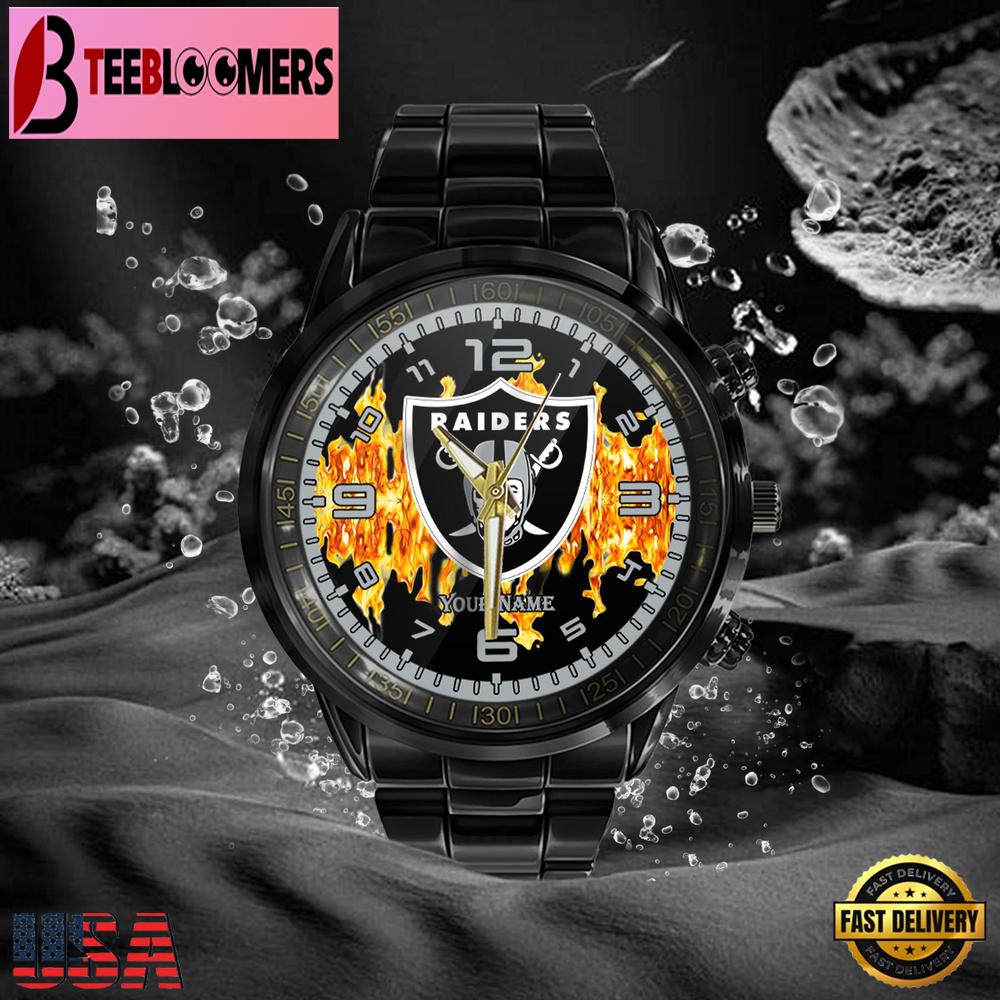Custom Name Las Vegas Raiders NFL 3D Men Black Stainless Steel Watch Gift For NFL Fans Custom Name Las Vegas Raiders NFL 3D Men Black Stainless Steel Watch Gift For NFL Fans