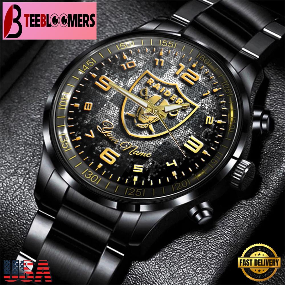 Custom Name Las Vegas Raiders NFL 3D Men Black Stainless Steel Watch Gift For Fans