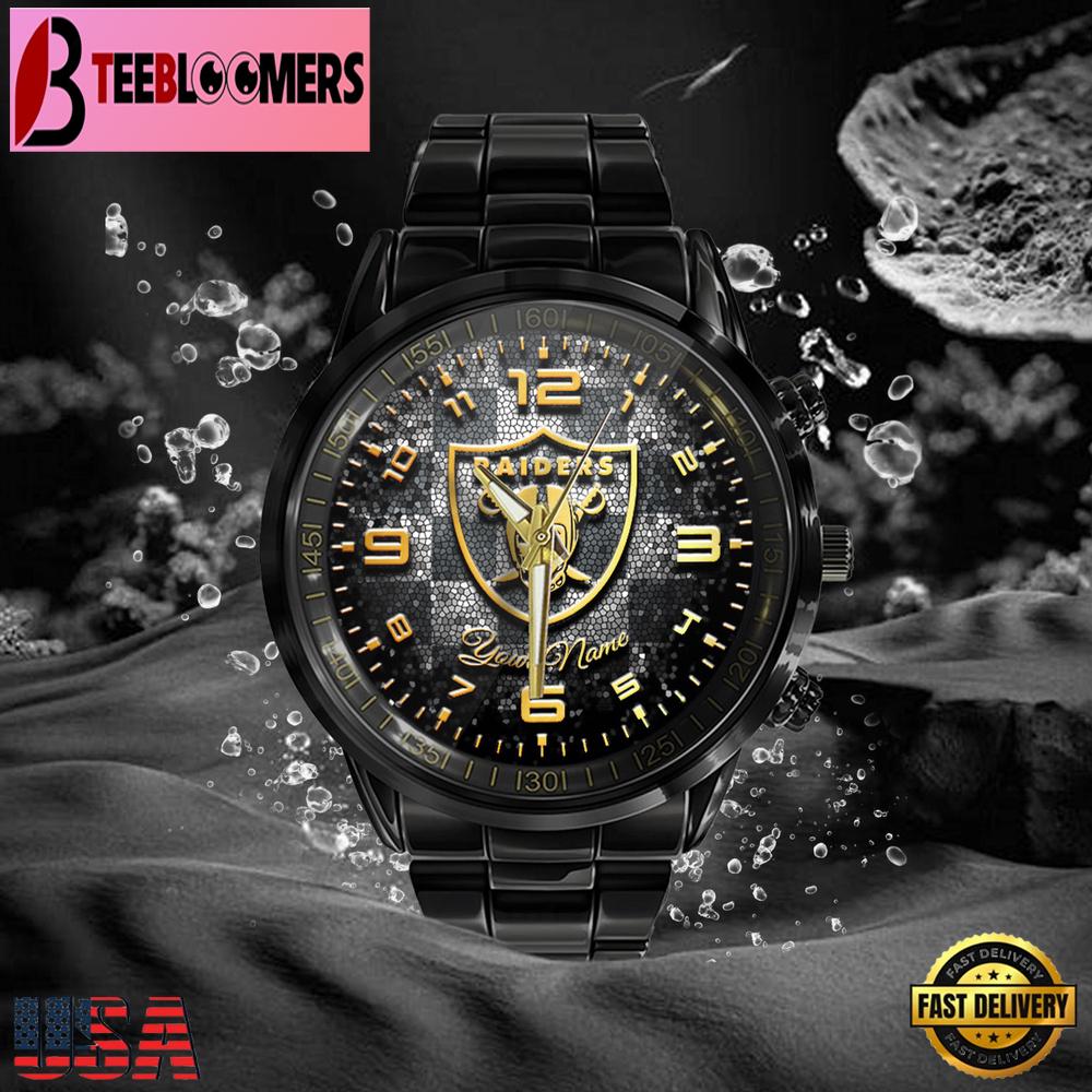 Custom Name Las Vegas Raiders NFL 3D Men Black Stainless Steel Watch Gift For NFL Fans Custom Name Las Vegas Raiders NFL 3D Men Black Stainless Steel Watch Gift For NFL Fans