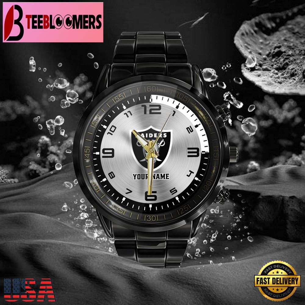 Custom Name Las Vegas Raiders NFL Black Stainless Steel Watch Gifts For Fans Custom Name Las Vegas Raiders NFL Black Stainless Steel Watch Gifts For Fans