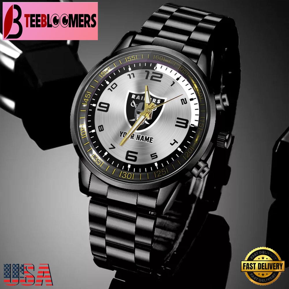 Custom Name Las Vegas Raiders NFL Black Stainless Steel Watch Gifts For Fans