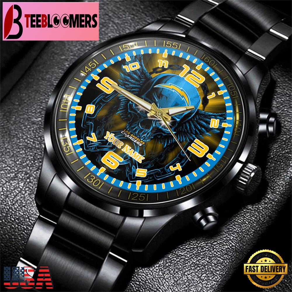 Custom Name Los Angeles Chargers NFL 3D Men Black Stainless Steel Watch Gift For Fans
