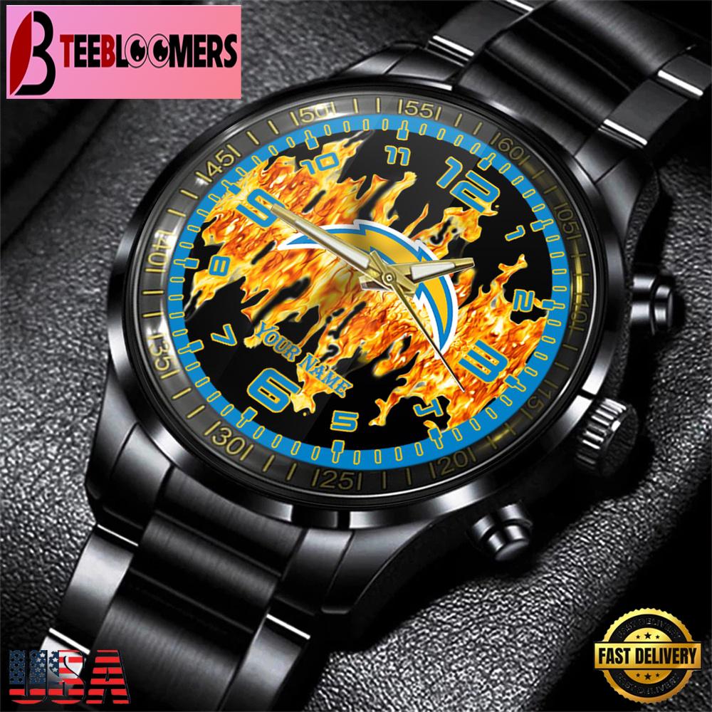 Custom Name Los Angeles Chargers NFL 3D Men Black Stainless Steel Watch Gift For Fans