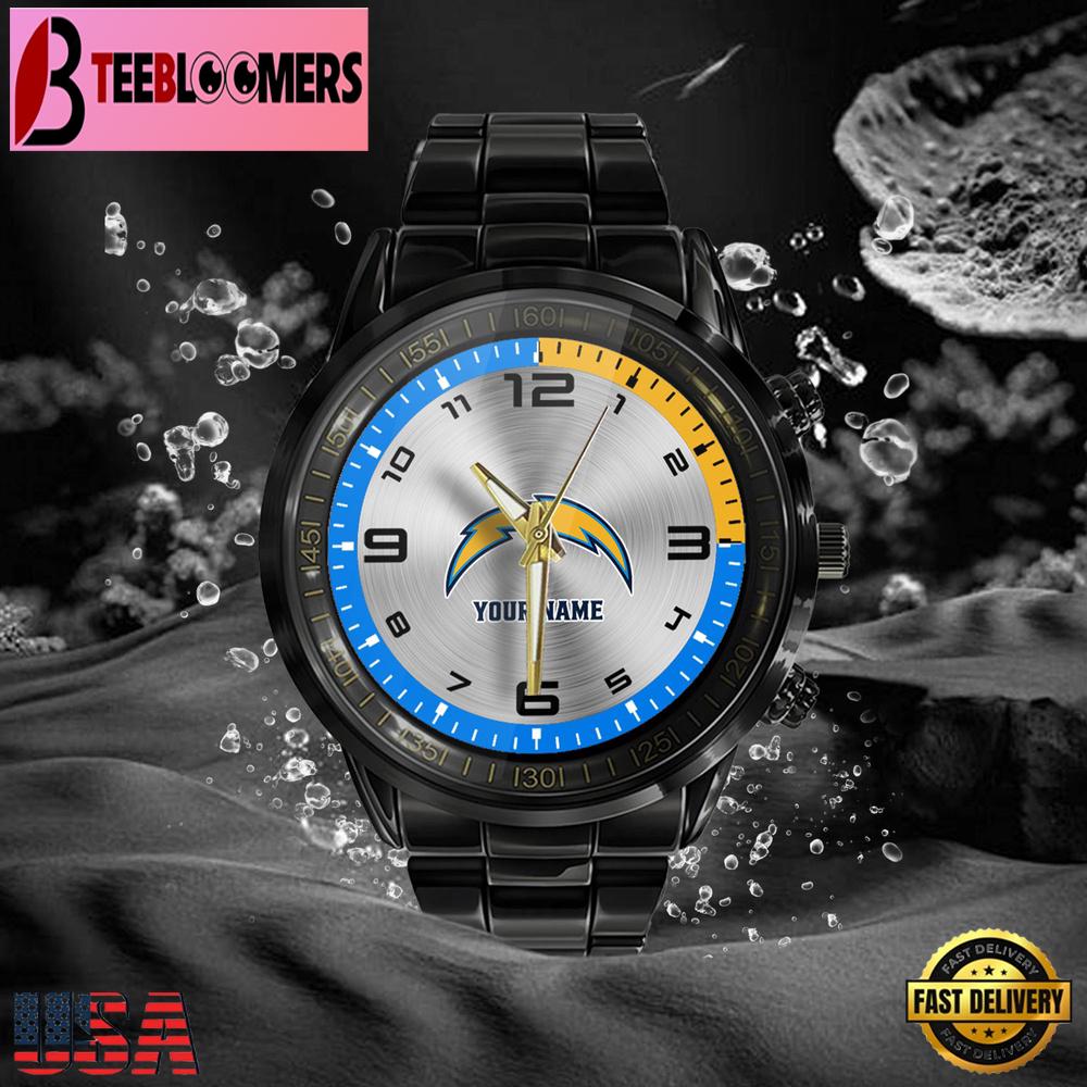 Custom Name Los Angeles Chargers NFL Black Stainless Steel Watch Gifts For Fans Custom Name Los Angeles Chargers NFL Black Stainless Steel Watch Gifts For Fans