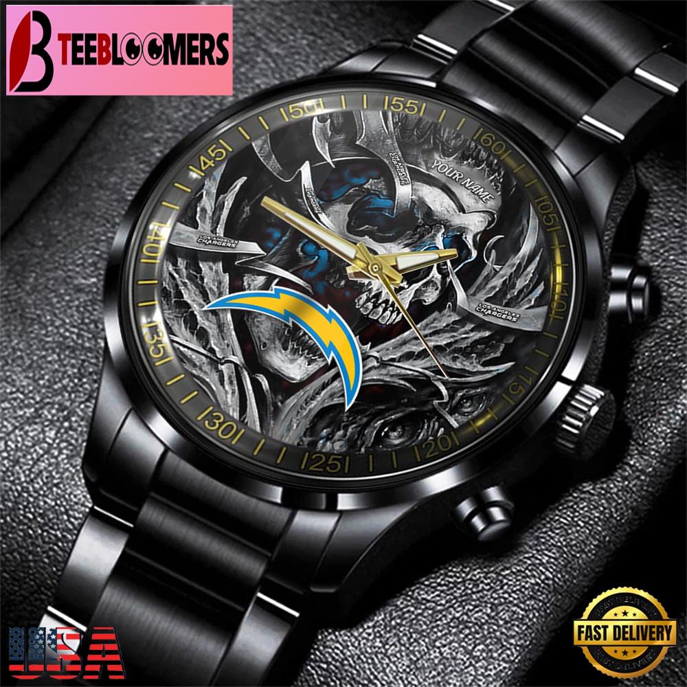Custom Name Los Angeles Chargers NFL Men Black Stainless Steel Watch Gift For Fans