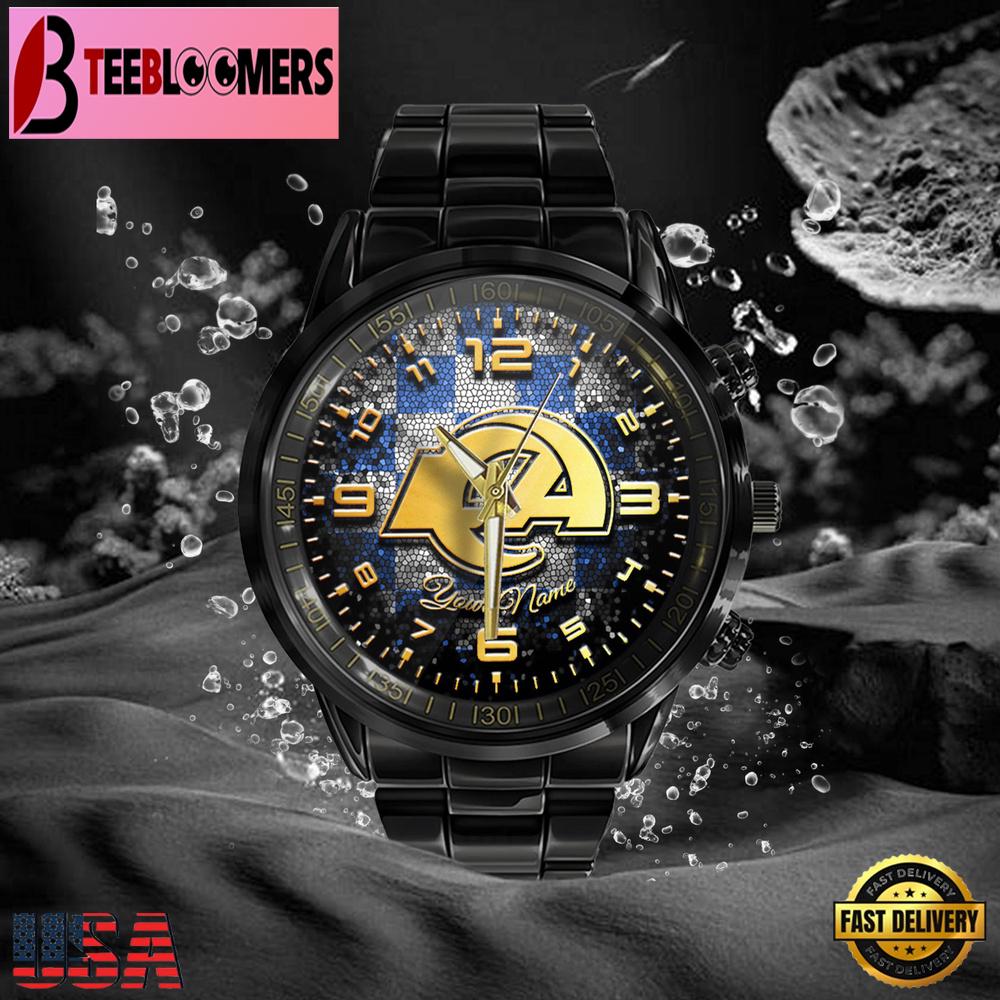 Custom Name Los Angeles Rams NFL 3D Men Black Stainless Steel Watch Gift For NFL Fans Custom Name Los Angeles Rams NFL 3D Men Black Stainless Steel Watch Gift For NFL Fans
