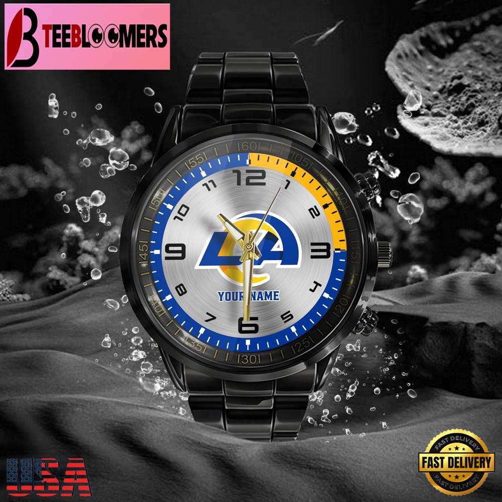 Custom Name Los Angeles Rams NFL Black Stainless Steel Watch Gifts For Fans Custom Name Los Angeles Rams NFL Black Stainless Steel Watch Gifts For Fans