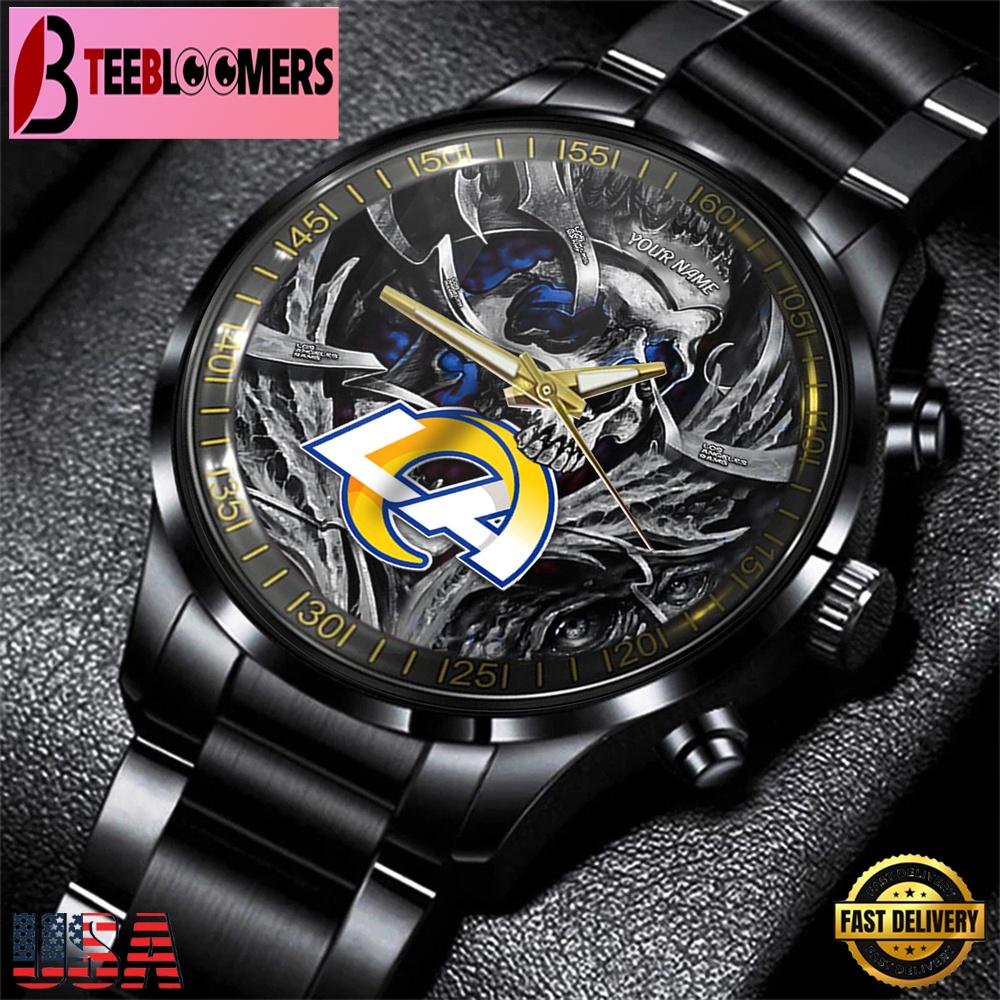 Custom Name Los Angeles Rams NFL Men Black Stainless Steel Watch Gift For Fans