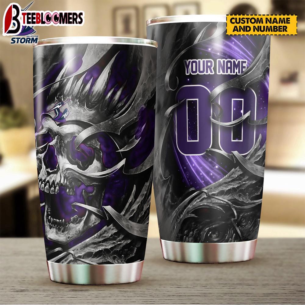 Custom Name Melbourne Storm NRL And Skull Tumbler Gift For Fans