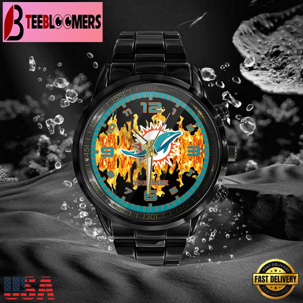 Custom Name Miami Dolphins NFL 3D Men Black Stainless Steel Watch Gift For NFL Fans Custom Name Miami Dolphins NFL 3D Men Black Stainless Steel Watch Gift For NFL Fans